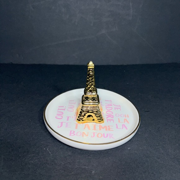 Ciroa Eiffel Tower Ring Holder Dish Gold White Pink French Phrases Stoneware 5in - Picture 12 of 14